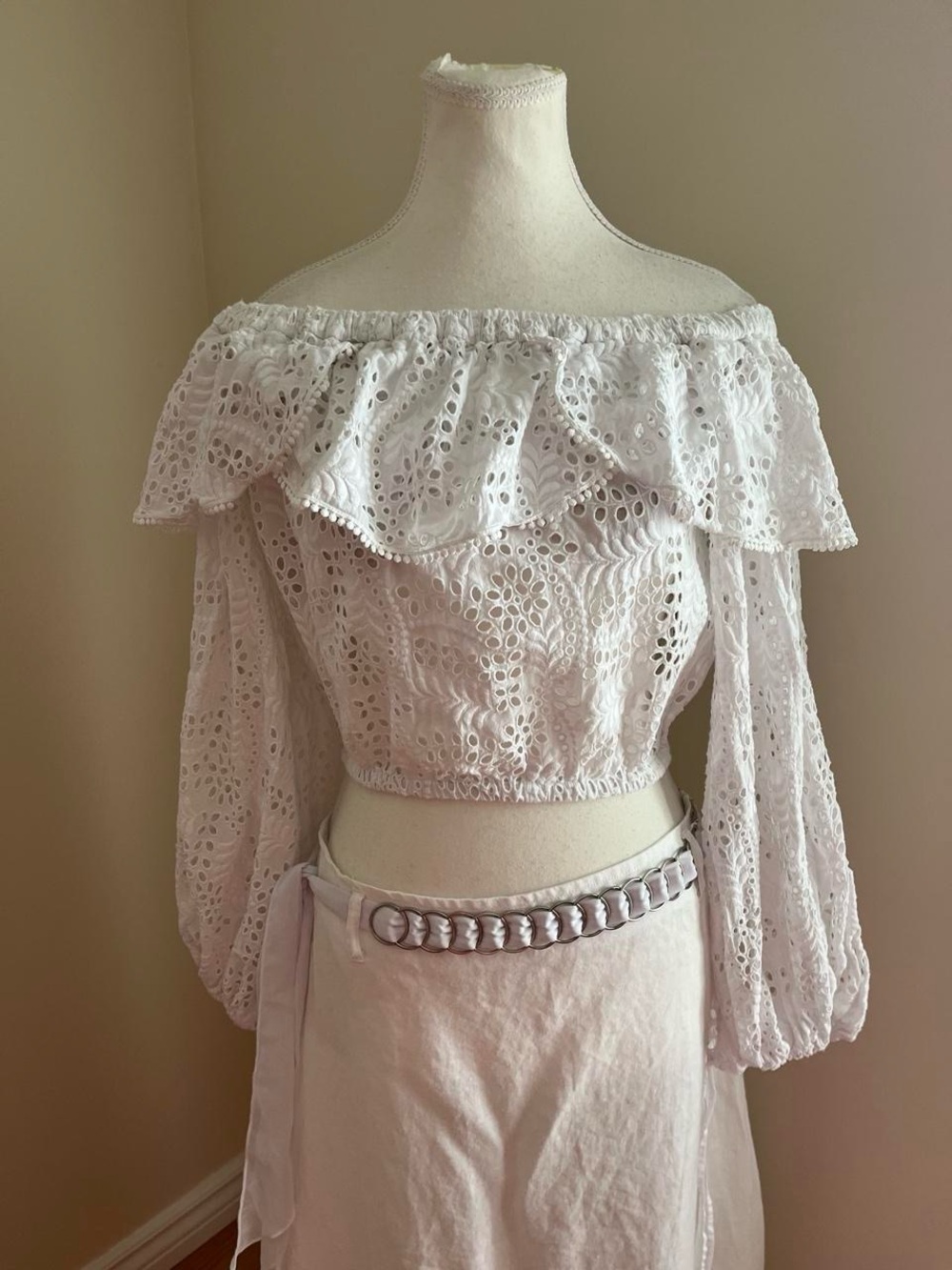Miss Sixty White Off-Shoulder Eyelet Ruffle Blouse